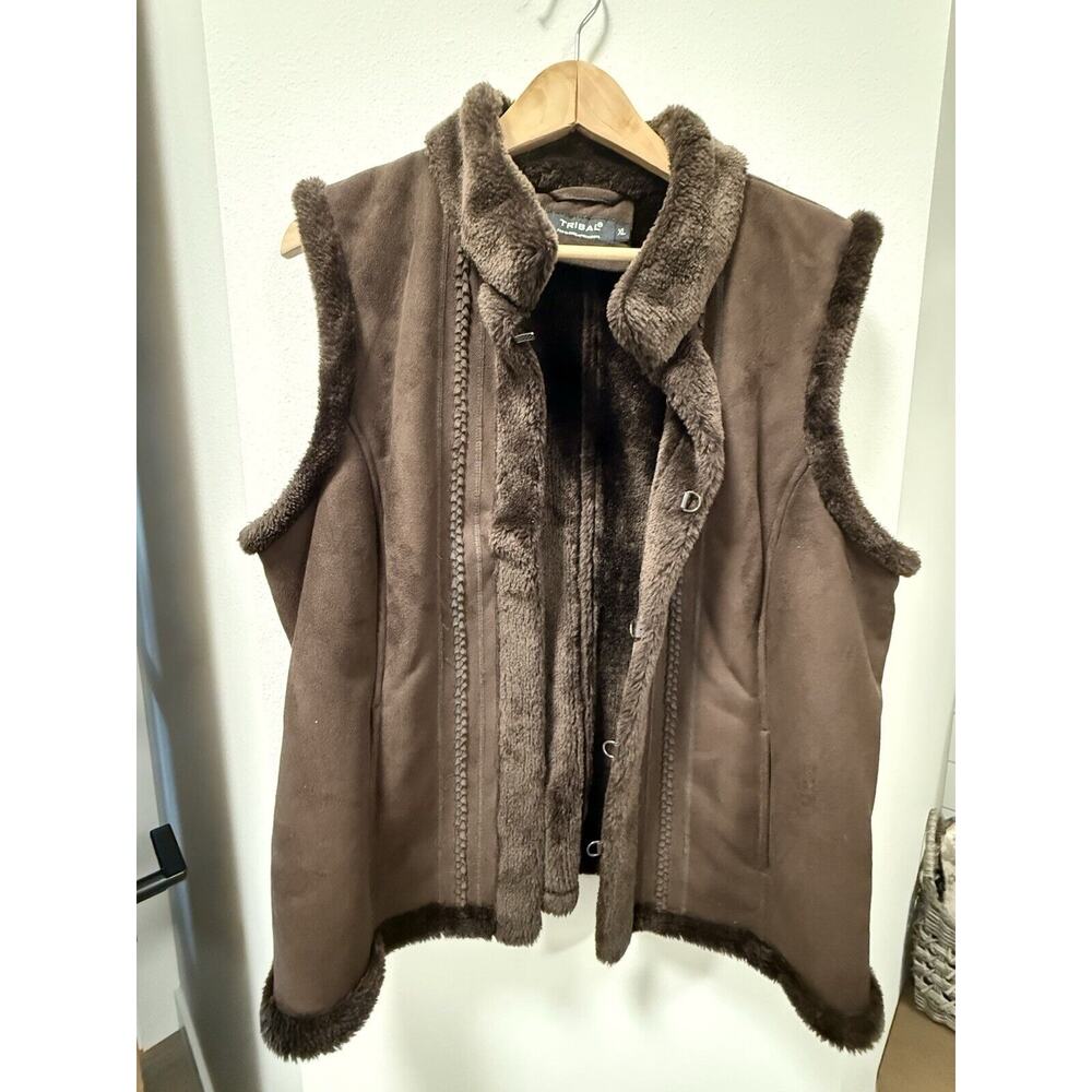 Tribal Jeans Faux Fur Sleeveless Vest Brown With Braided Detail‎ Size XL